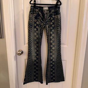 Free People Mantra Bali Flare Stretch Jean Denim Print 24 RARE